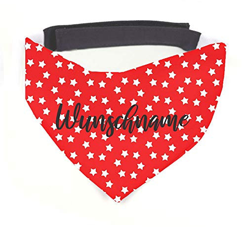 Hundehalstuch mit Namen Vintage Sterne rot personalisiert inklusive Wunschname z.B. Name Ihres Hundes mit 12 cm Klettverschluss für kleine, mittlere und große Hunde (M = Halsumfang: 38-45 cm)