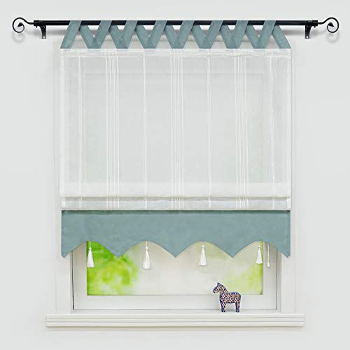 Joyswahl Catrin Linen Look Roman Blind with V-Loops, Roman Curtain with Vertical Stripes and Contrasting Trim, W x H 120 x 140 cm, Blue/Green, Pack of 1