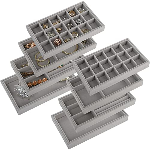yarlung 8 Stück Schmucktabletts aus Samt, stapelbar, Schmuckvitrine, Schubladeneinsätze, Halskettenaufbewahrung für Ohrringe, Ringe, Armbänder, Brosche, Uhr, 21,6 x 12,7 x 2,5 cm, Grau