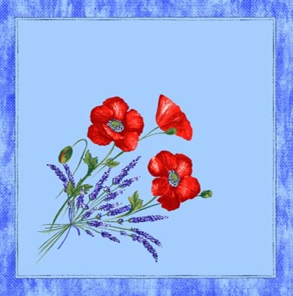 6 traditionelle Provence Servietten original von Tissus Toselli aus Nizza, 45 x 45cm, 100% Baumwolle, blau Mohnblumen