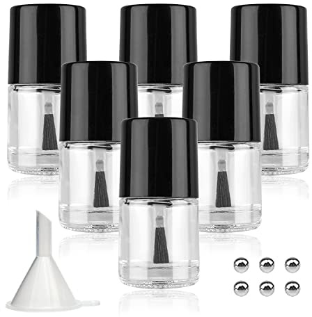 Agidea 6 bottiglie vuote per smalto con pennello, vuote e ricaricabili, fai da te, in vetro con imbuto e palline di miscelazione (10 ml, nero)