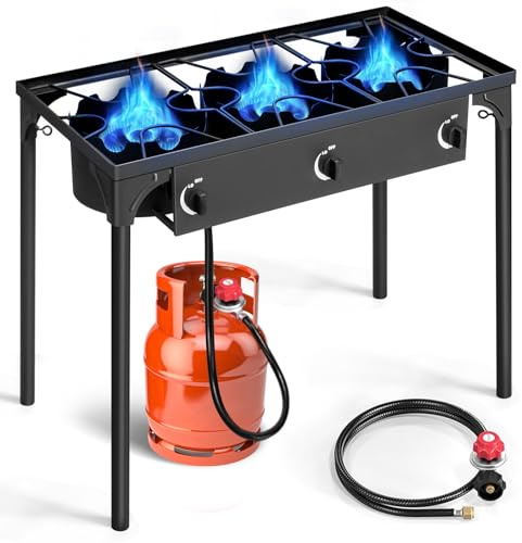Outvita 3 Burner Propane Gas Stove for Outdoor Cooking, 225,000 BTU Camping Cooker with Removable Legs, Temperature Control Knobs for Backyard Cooking, BBQ, Baking and Frying