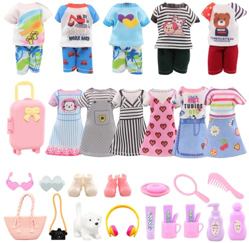 Miunana 29 Kleidung Schuhe Zubehör für 6 Zoll 15 cm Puppen, 1 Koffer 4 Kleider 2 Oberteile 2 Hose 2 Schuhe 18 Zubehör für Puppen