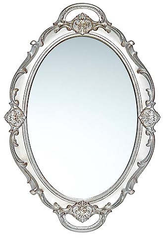 LONGWIN Specchio ovale vintage per decorazione da parete, piccolo specchio ornato da appendere per soggiorno/camera da letto, vassoio per profumi/vanità, 25,4 x 37,4 cm, argento
