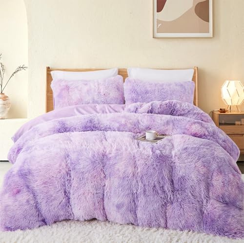 Freyamy Plüsch Bettwäsche 155x220cm Violett Langhaar Kunstfell Flauschig Winterbettwäsche Flanell Samt Biber Warme Deckenbezug Cashmere Touch Bettbezug mit Reißverschluss und 1 Kissenbezug 80x80cm
