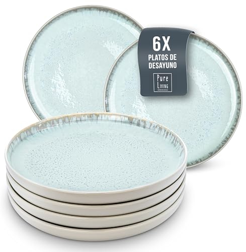 Steingut Frühstücksteller 6 Personen Ibiza TESTSIEGER, Traumhaftes Mediterranes Steingut Dessertteller Set, Kleine Teller, Salatteller - Pure Living in Beige-Blau