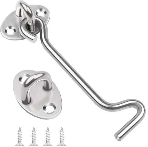 4 Inch Hook and Eye Latch, Leryati 1Pcs 100mm Silver Gate Hook Stainless Steel Cabin Hooks, Eye Latch Door Lock Hooks Lock, Apply to Wooden Gates, Window Brace Gate Door Catch