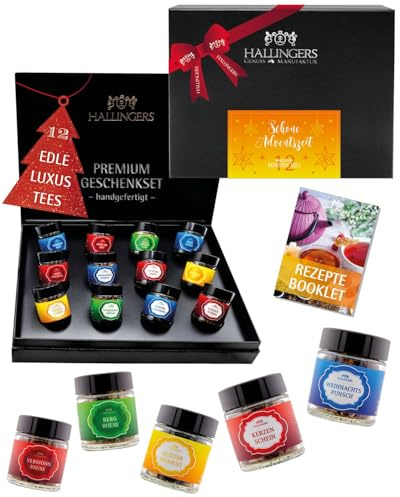 Hallingers Genuss Manufaktur Tee Weihnachts-Geschenk-Set - 12 Sorten premium loser Tee Probierset in edler Geschenkbox mit Rezept-Booklet Schöne Adventszeit, Weihnachten für Frauen Männer