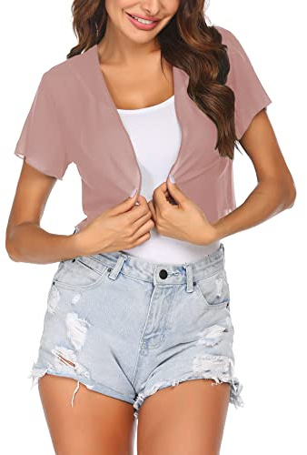 Zeagoo Sommer Kurz Bolero Damen Chiffon Festlich Bolerojacke Kurzarm Elegant Jacke Transparent Cardigan für Party Urlaub Rosa L