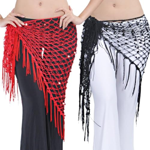 Belly Dance Hip -schals 2pcs Baumelnden Bauch Taille Kostüm Bauch Tanzröcke Wickeln Langem Quasten Und Pailletten