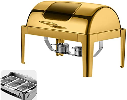 ZERAPH Chafing Dish, Speisewärmer-Set aus Edelstahl, Roll-Top, Catering, Partys, Buffet, Warmhaltetablett, 1/2/3 Pfanne (B Gold)
