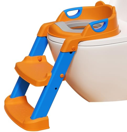 Toilettensitz Mit Treppe Zusammenklappbares Training Für Jungen Und Mädchen Toilettentrainer, Verstellbare Treppe Toiletten-Trainingssitz, Komfortables PU-Kissen, Belastbar 50kg (Color : Orange, S :