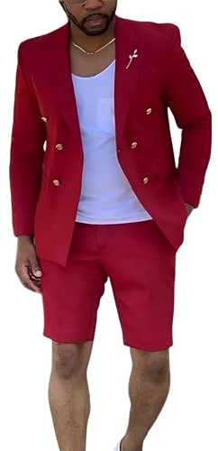 Shorts Suits for Men 2 Piece Slim Fit Double Breasted Mens Shorts Suit Set Casual Prom Summer Beach Wedding Tuxedos | Double breasted jacket, peaked lapel, shorts, slim fit, summer suits for men, dinner party prom, vacation, business casual
