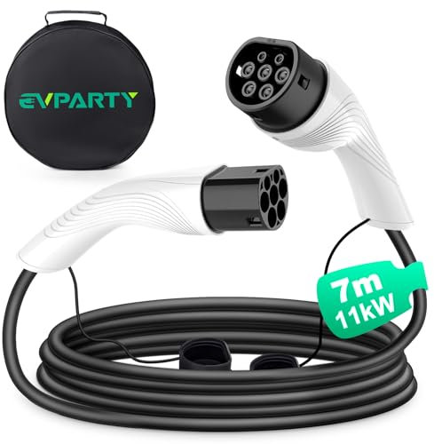 EVPARTY Cavo di ricarica tipo 2, 11 kW, 7 m, 16 A, 3 fasi, per auto elettriche EV/PHEV, tipo 2, compatibile con modello Y/3/S/X, ID.3, ID.4, ID.5, Q4 E-Tron, IONIQ 5, Kona, ecc. (bianco)