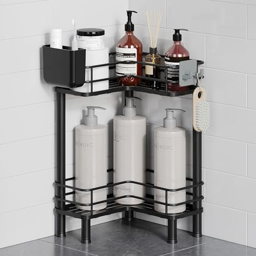 Orimade 2 unidades de estantería de ducha de pie, estante de ducha de esquina independiente, sin agujeros, para cuarto de baño, color negro