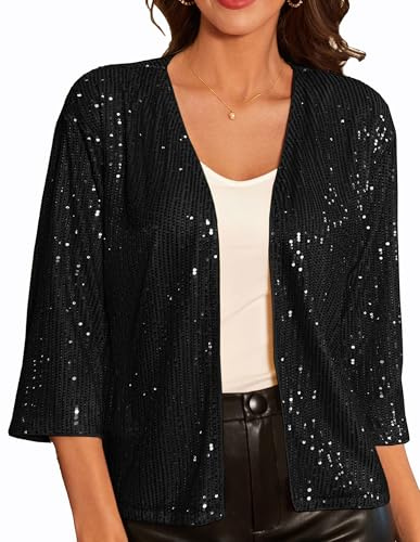 GRACE KARIN Giacca Corta con Paillettes da Donna Elegante Manica 3/4 Primaverile Estiva Nero L.
