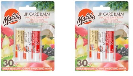 Malibu Sun SPF 30 Lip Balm Sunscreen, Vanilla, Tropical, Strawberry 3 x 5g (Pack of 2)