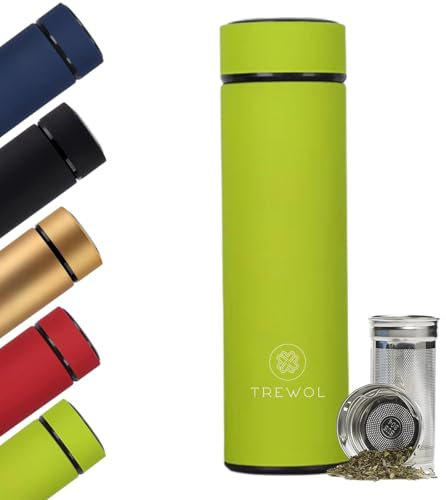 TREWOL Botella Térmica con filtro Infusor de Acero Inoxidable 500ml - Termo para Té, Infusiones y Café con doble parede aislante. Diseño Moderno y Hermético - Libre de BPA(Verde)