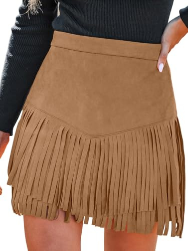 CUPSHE Gonna da donna autunno inverno con frange, in pelle scamosciata, a vita alta, outfit western, minigonna, mini gonna, S