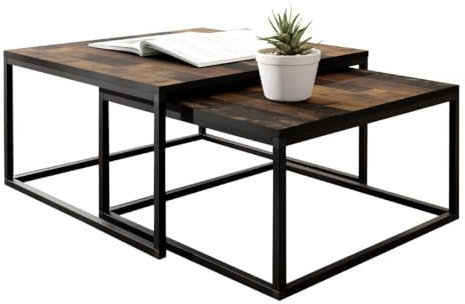 KIER FURNITURE Couchtisch 2er Set - Beistelltisch Sofa - Wohnzimmer Tisch 75x75 und 65x65 cm - LOFTI Sofatisch Quadratisch, Industrial Style, Beine Metall Schwarz - Alter Stil