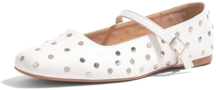 LUCKY STEP Women's Studded Mary Jane Flat Shoes Comfortable Dress Shoes Ankle Strap Round Toe Retro Faux Leather Slip On Flats (White Studded,7 B(M) US)
