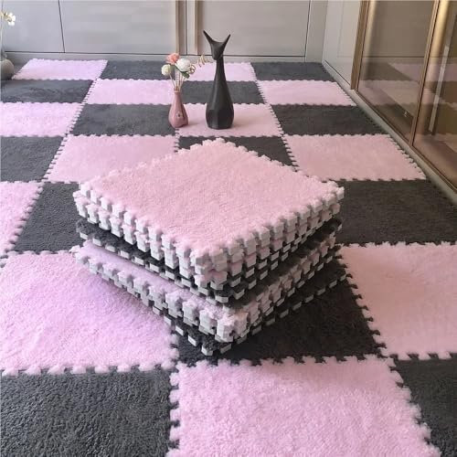 20 Stück Eva-Schaum-Puzzle-Teppich, Teppichreste, Flauschiger Teppich, ineinandergreifende Teppichfliesen(Gray Pink)