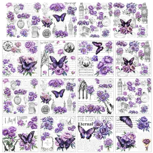 AHANDMAKER 12 Sheets Purple Floral and Butterfly Rub On Transfer Stickers, Window Decoration Featuring Purple Flowers Butterflies Artistic Designs for Home & Party Decoration Needs, 5.5 x 5.5 Inches