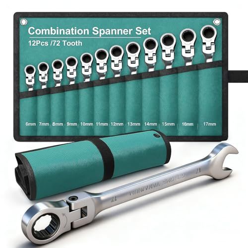 BLUEMARS 12PCS Flexible Ratchet Spanner Sets, 180° Flex Head, Metric 6-17mm, 72 Teeth Gear Wrench Set with Roll-Up Pouch, Includes 10mm & 17mm Spanners for DIY & Repairs