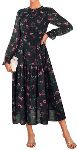 GRACE KARIN Women Long Sleeve Floral Chiffon Maxi Wedding Guest Dresses