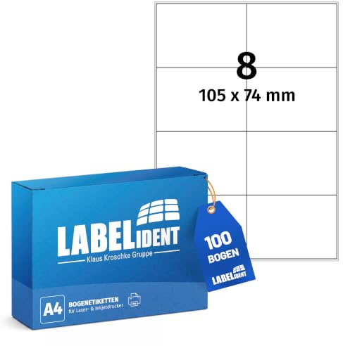 Labelident Laser-Etiketten 105 x 74 mm weiß - 8 Etiketten pro A4-Bogen - 800 Etiketten (100 DIN A4 Bögen) geeignet für Laser- & Inkjetdrucker