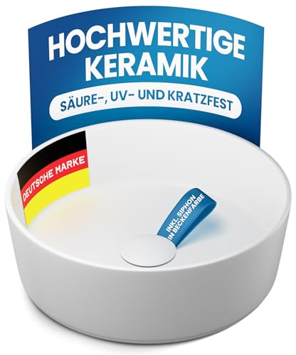 rtmr Aufsatzwaschbecken, Waschbecken rund 36 cm – Keramik Waschschale weiß matt – modernes Design Waschtisch Schüssel für Bad & Gäste-WC – Waschbecken rund inkl. Siphon