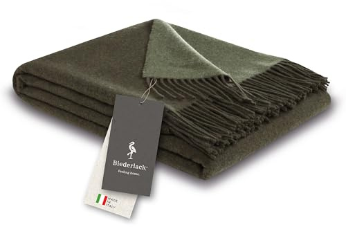 biederlack® Kuscheldecke Wool-Mix Dunkelgrün-Salvia, Plaid in 130x170 cm | Fransendecke aus Wolle & Kaschmir, GRS Zertifiziert, ideal geeignet als Sofa-Decke, Wohndecke in top Qualität, Made in Italy