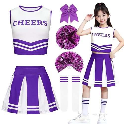 XFOZDM Cheerleader Kostüm Kinder Mädchen Karneval kleid mit Pompoms und Socken Haargummi Mittelschule Cheerleading Uniform für Faschingskostüme Halloween Karneval Outfit，Purple-120