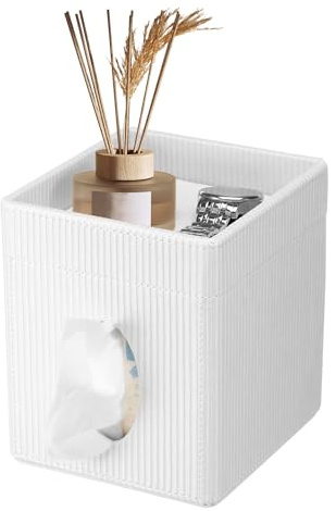 BUTORY Quadratischer Taschentuchbox-Abdeckung aus PU-Leder mit oberer Ablage, dekorativer, wasserfester Würfel-Gesichtstuchspender für Badezimmer, Schlafzimmer, Büro(weiß,1)