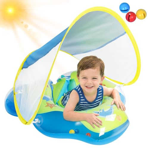 Oziral Baby Schwimmring mit abnehmbarem Sonnenschutz & Glöckchen, inklusive 1 x Handpumpe und 2 x Reparaturaufklebern. Kinderfreundliches Design, geeignet für Kleinkinder von 6–36 Monate blaugrün
