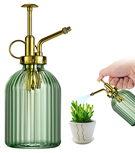 Hilai Sprayflaskor växt mister vattensprayflaska för växter kreativt handtryck vattenflaska glas blomspruta (grön + gyllene sprinkler)