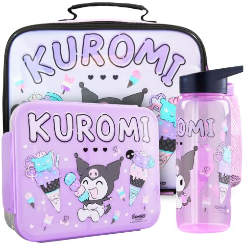Get Trend Kuromi Bolsa de Almuerzo Isotérmica Niñas Set 3 Piezas, Bolsa Isotermica 5 L, Botella Infantil 640 ml y Bento Box 2 L con Compartimentos, Sin BPA, Escuela y Guardería (Morado/Negro Kuromi)
