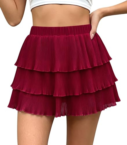 Genfien Jupe Femme Volants Étagés Chiffon Jupe Gâteau Taille Haute Élastique Jupe Courte Boho Été avec Doublure