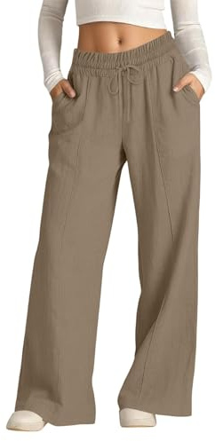Generico Pantaloni Larghi Donna Estivi Casual - Pantaloni Lino Leggeri Elastico in Vita Elegante Baggy Linen Pants Pantalone da Spiaggia Sportivo Lavoro Vita Alta Pantalone con Coulisse Gamba Larga