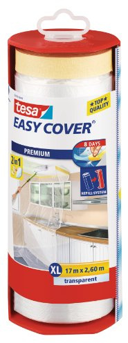 tesa Easy Cover Premium Abdeckfolie für Malerarbeiten - 2 in1 Malerfolie zum Abdecken und Kreppband zum Abkleben - Nachfüllbar, mit Abroller - 17 m x 260 cm