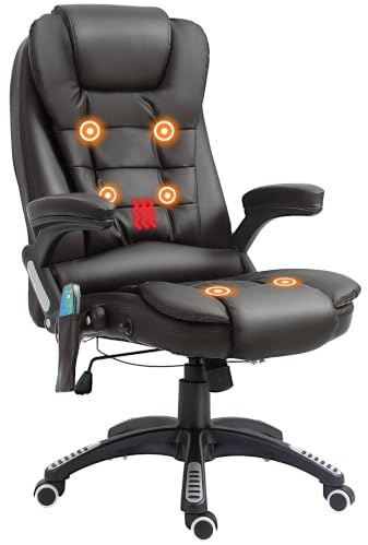 HOMCOM Massage Office Chair with Heated Lumbar Adjustable Height Brown | Ergonomic Executive Desk Chair, PU Leather Reclining Back, Swivel Wheels, Padded Armrests, for Home Office