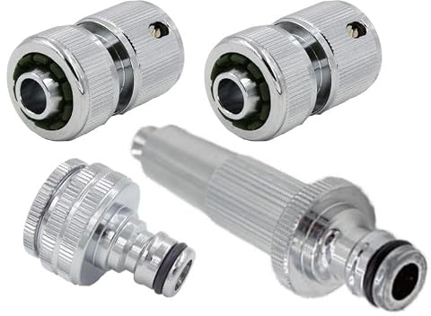 SpiceFlow Gartenset | Chrom/Messing | 2X Schnellverbinder + 1 Zoll Hahnanschluss + Adapter auf 3/4 Zoll + Gartenspritze | Gardena kompatibel