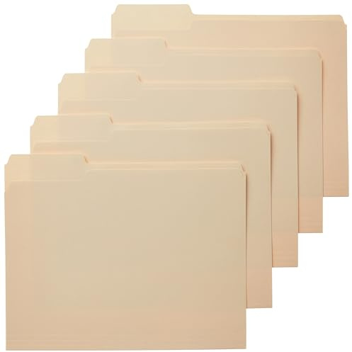 Amazon Basics Sturdy File Folders with Reinforced Tabs for Filing and Organization, 1/3-Cut Tab, Assorted Positions, Letter Size, 8.5x11 inches, Manila, 100-Pack