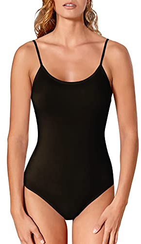 VEDATS Damen Body Spaghettiträger Top Unterhemd Bodysuit (M, Schwarz)