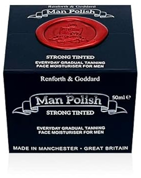 Man Polish Strong Tinted (Fortement teinté) - Fabriqué au Royaume-Uni - Crème hydratante autobronzante progressive visage premium pour homme 50 ml