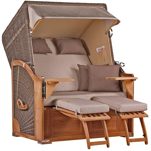 MR. DEKO® Strandkorb Seeblick 2-Sitzer Teakholz | PE Geflecht Grey | Volllieger verstellbar mit Fußablage | inkl. 4 Kissen + Wechselpolster | Strandkörbe Teak fertig montiert Strandstuhl (Dessin 510)