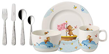 Villeroy & Boch - Kiddy Bears Set Di Stoviglie Per Bambini 7 Pz. 7 Pezzi Blu, Lavabile in Lavastoviglie, Happy as a Bear, Piatto, Scodella, Tazze, Posate, Porcellana Premium,Acciaio Inossidabile