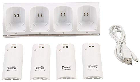 Uteruik - Estación de Carga 4 en 1 con Mando a Distancia y 4 Pilas Recargables e indicador LED, Color Blanco