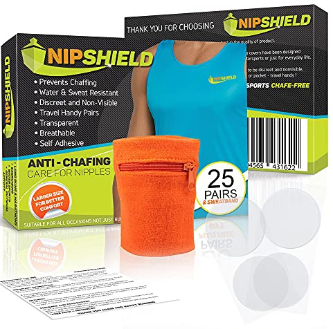 NIPSHIELD Nipple Covers for Running 25-Pack - Anti Chafing Nip Guards for Jogging - Larger 35mm Running Nipple Shields - Sweat, Water- Resistant Nipple Pads - Disposable Travel Friendly Nip Protectors