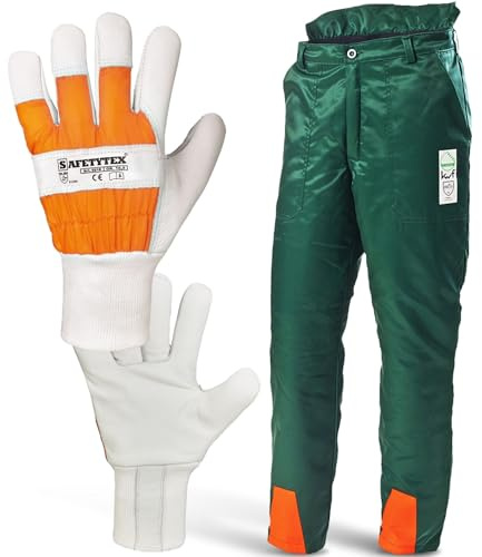 Safetytex Schnittschutzbundhose Schnittschutzhose Bundhose Forstschutz Set 2 TLG KWF geprüft + Forsthandschuhe